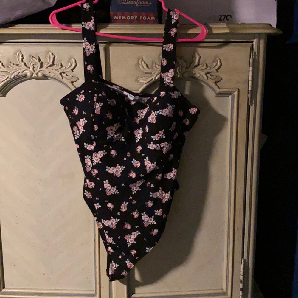 Bar iii black floral one piece bodysuit